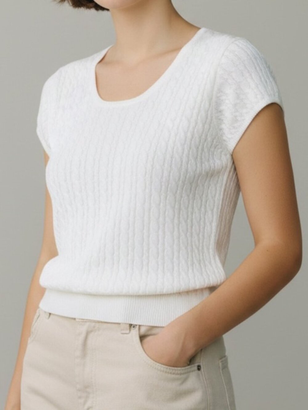 GAP Vintage White Cable Knit Short Sleeve Top Sweater Scoop Neck Cotton Large L